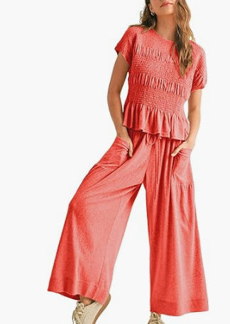 Sarah Express Pleated Top Wide Leg Pants 2-Piece Matching Set