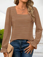 Sarah Express Women's Striped Long Sleeve T-Shirt with Square Neckline