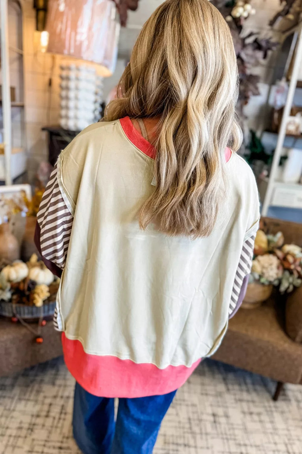 Sarah Express Women's Color Block Striped Patchwork Dolman Slit Sweatshirt