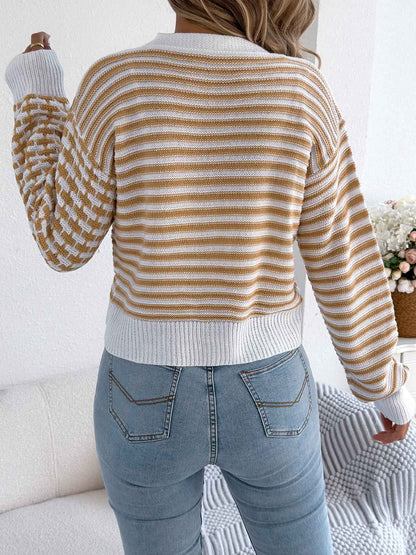Sarah Express Women's Color Block Stripe Cardigan Sweater Lantern Sleeve Knit