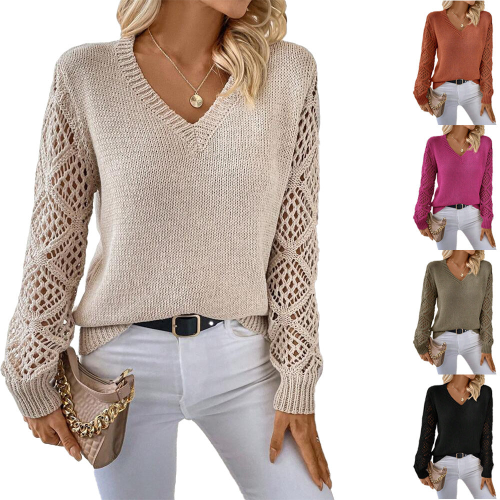 Sarah Express Women's V-Neck Pullover Sweater - Hollow Long Sleeve Knit Top