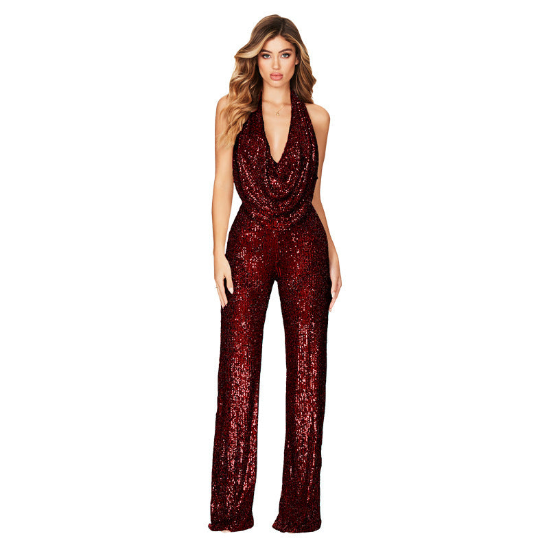 Sarah Express Women's Sequined Halter Jumpsuit Sleeveless Backless Wide Leg Summer Party Evening One-Piece