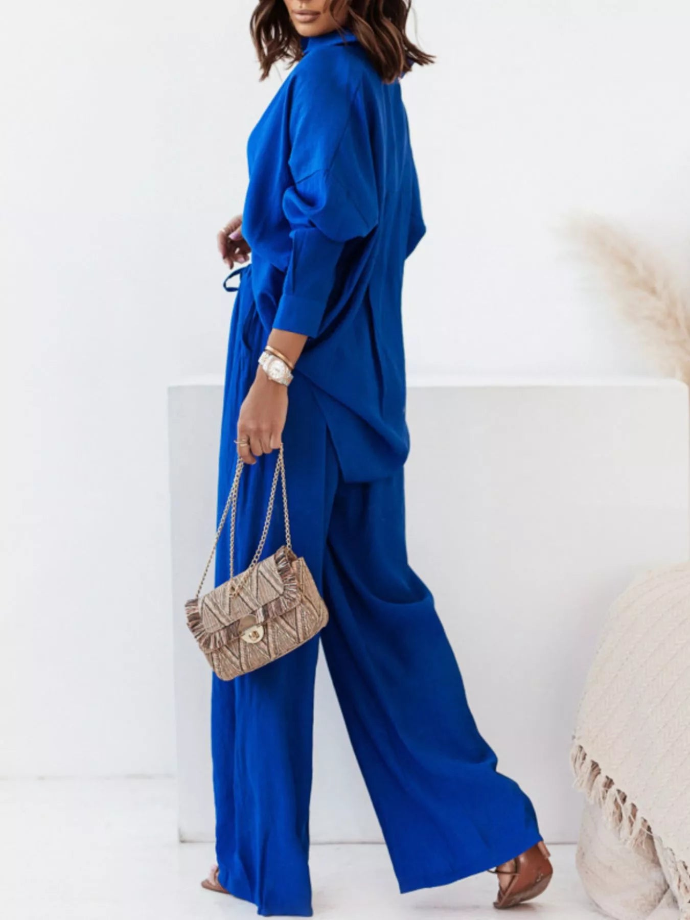 Sarah Express Women's Plus Size Button Up Shirt and Pants Two-Piece Set - Relaxed Fit Casual Outfit Blue