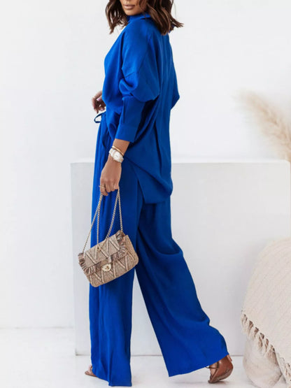 Sarah Express Women's Plus Size Button Up Shirt and Pants Two-Piece Set - Relaxed Fit Casual Outfit Blue