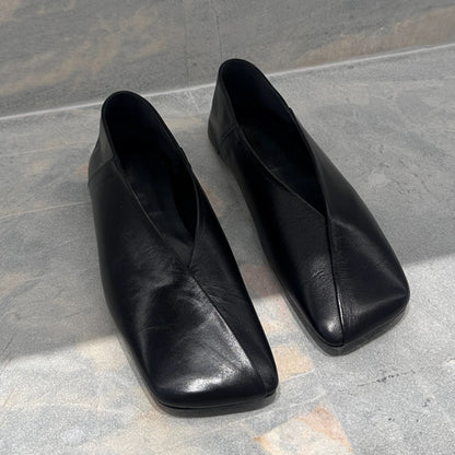 Sarah Express Women's French-Style Genuine Leather Square-Toe Flat Shoes - Elegant Slip-On Dress Flats