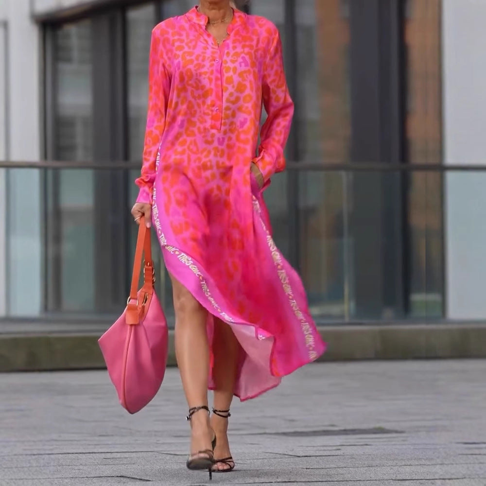 Women's Leopard Print V-Neck Long Sleeve Dress with Pockets