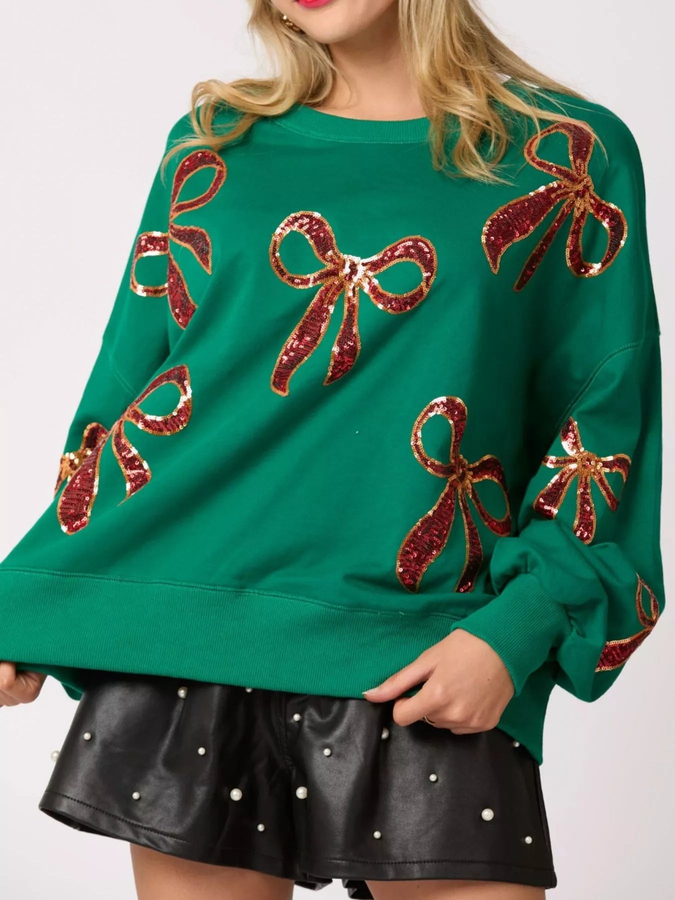 Sarah Express Women's Christmas Sequin Bow Round Neck Sweatshirt