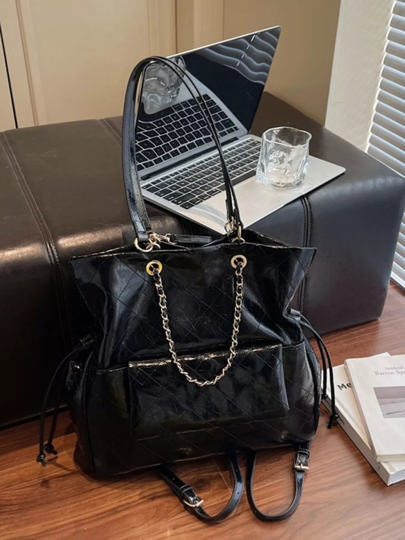 Sarah Express Women's Quilted Chain Backpack - Faux Leather Fashion Backpack Purse Black ONESIZE