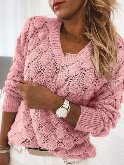Sarah Express Women's V-Neck Knitted Sweater - Openwork Design Pullover Pink
