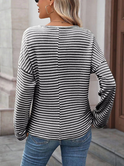 Sarah Express Women's Striped Notched Long Sleeve T-Shirt