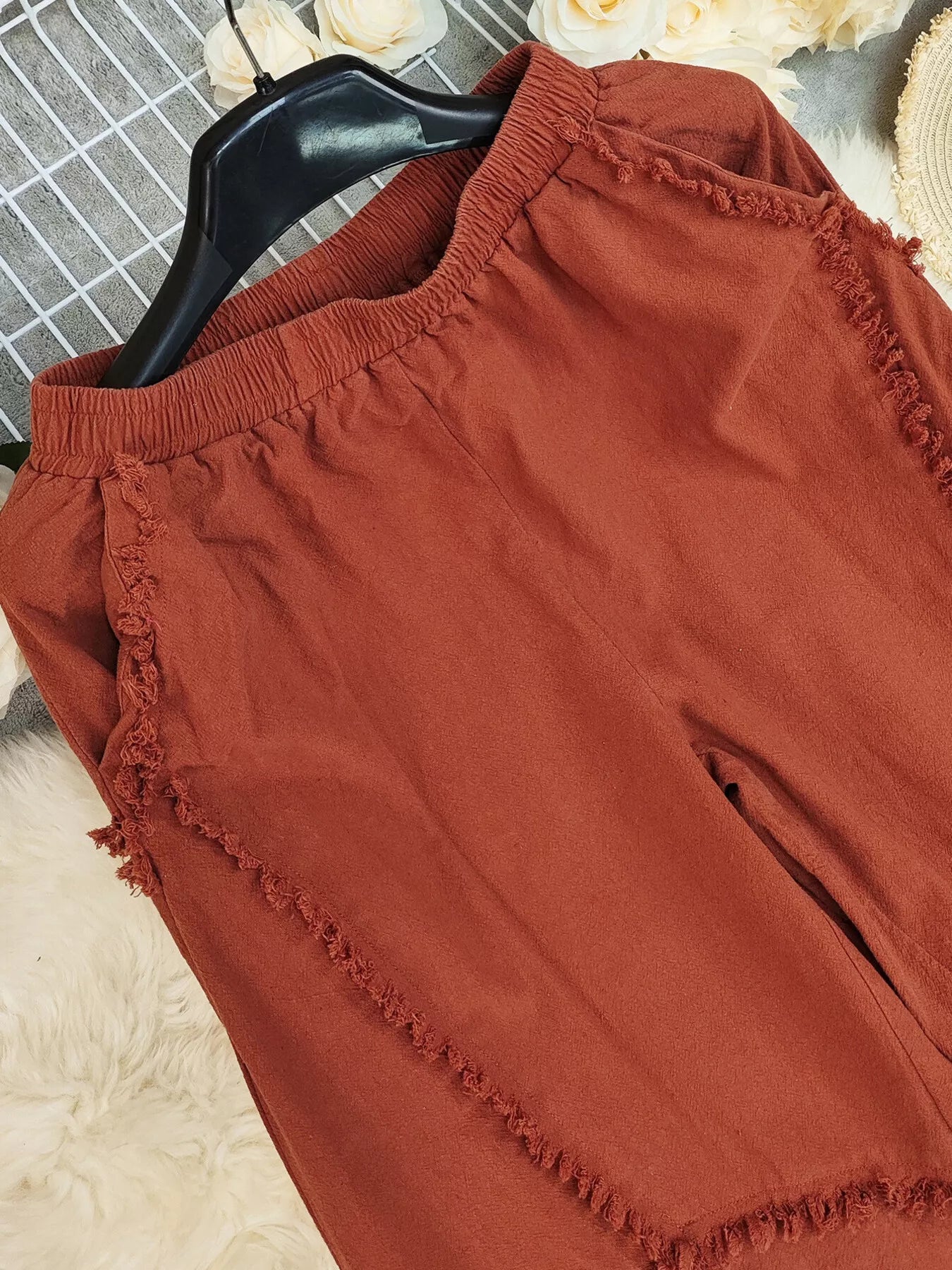 Sarah Express Women's Frayed Edge Harem Pants with Pockets