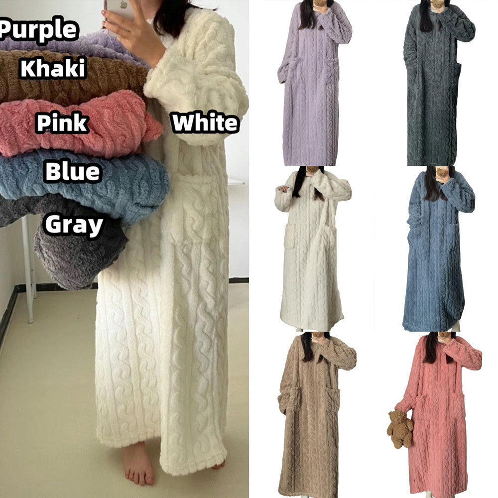 Sarah Express Women's Coral Fleece Nightgown - Long Sleeve Winter Sleep Dress with Pockets - Warm Loungewear