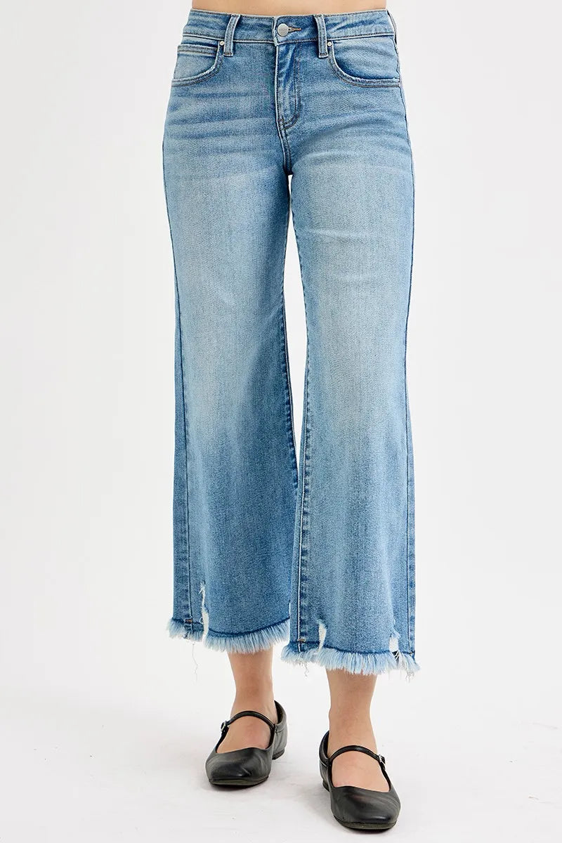 Sarah Express Women’s Plus Size Mid Rise Cropped Wide Leg Jeans with Raw Hem