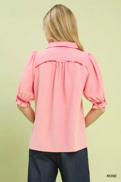 Sarah Express Women's Scalloped Trim Blouse with Puff Sleeves