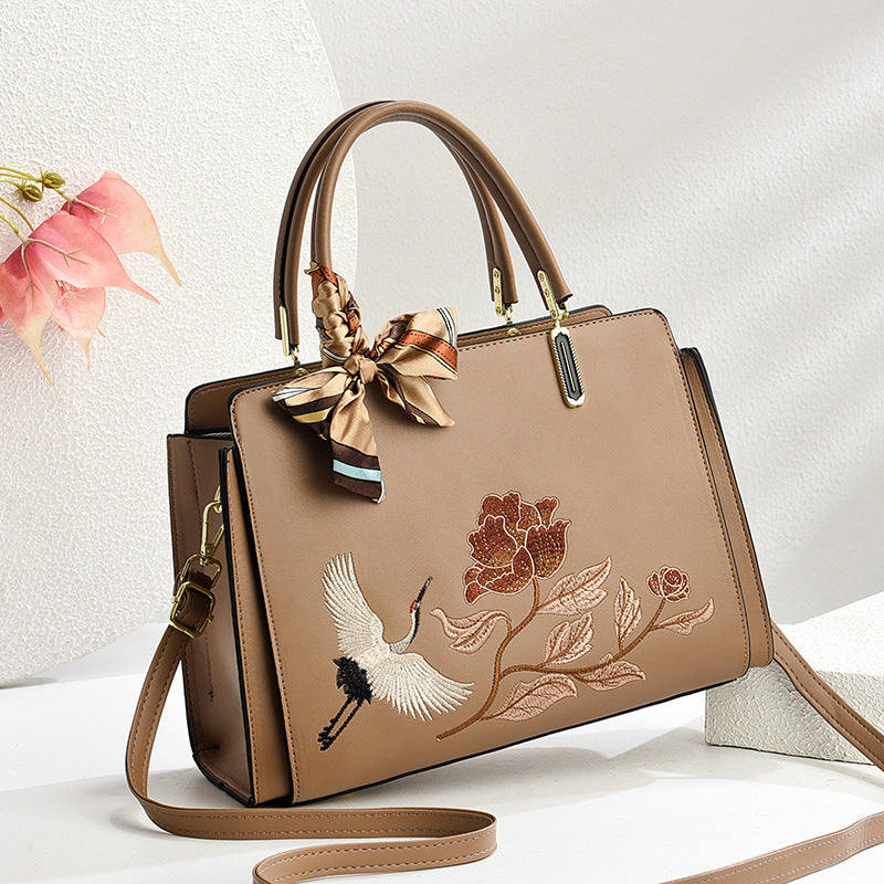 Sarah Express Chinese Embroidered Crane Crossbody Tote Bag for Women - Fashion Handbag with Multiple Compartments Khaki