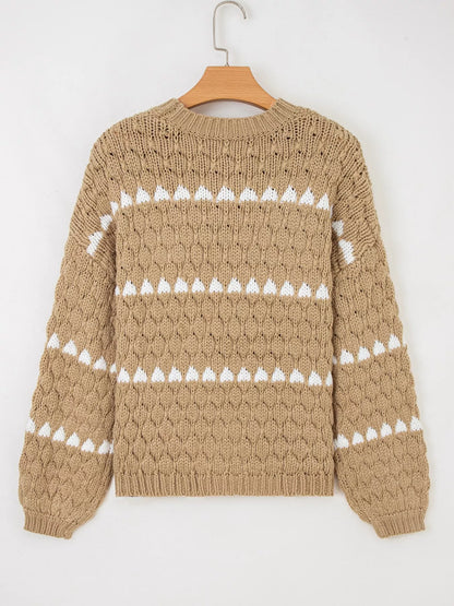 Sarah Express Women's Textured Knit Puff Sleeve Baggy Sweater with Contrast Detail