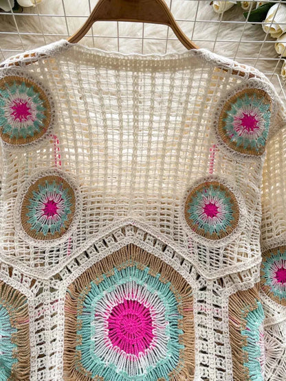 Sarah Express Women's Crochet V-Neck Knit Cover Up - Openwork Beach Cardigan