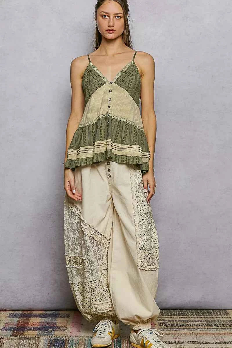 Sarah Express Women's Button Front V-Neck Ruffled Cami with Pintuck Accents