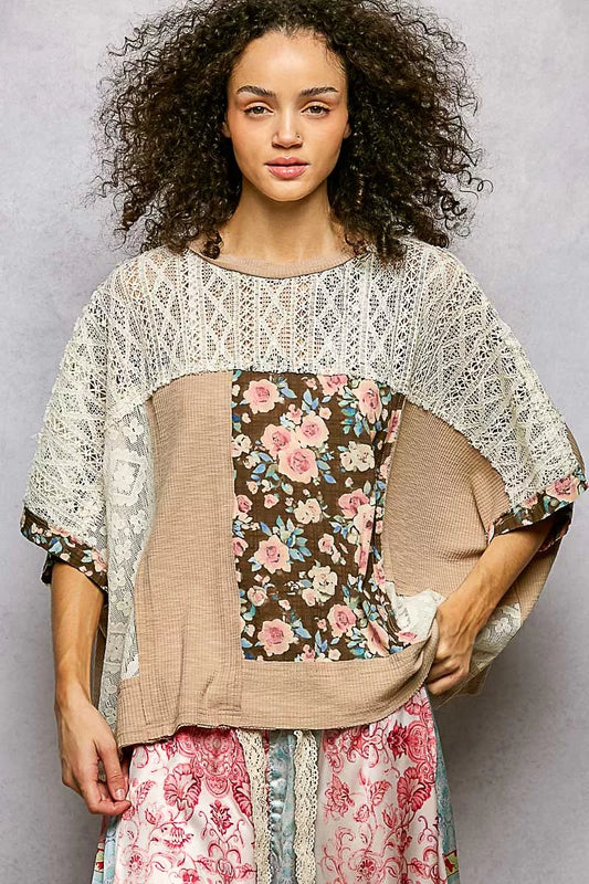 Sarah Express Women's Floral Patchwork Lace Accent Blouse DRIED TAUPE