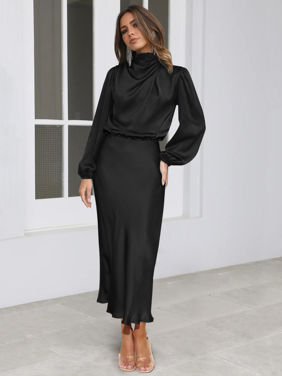 Sarah Express Women's Satin Formal Dress Halter Neck Long Sleeve Evening Midi Elegant