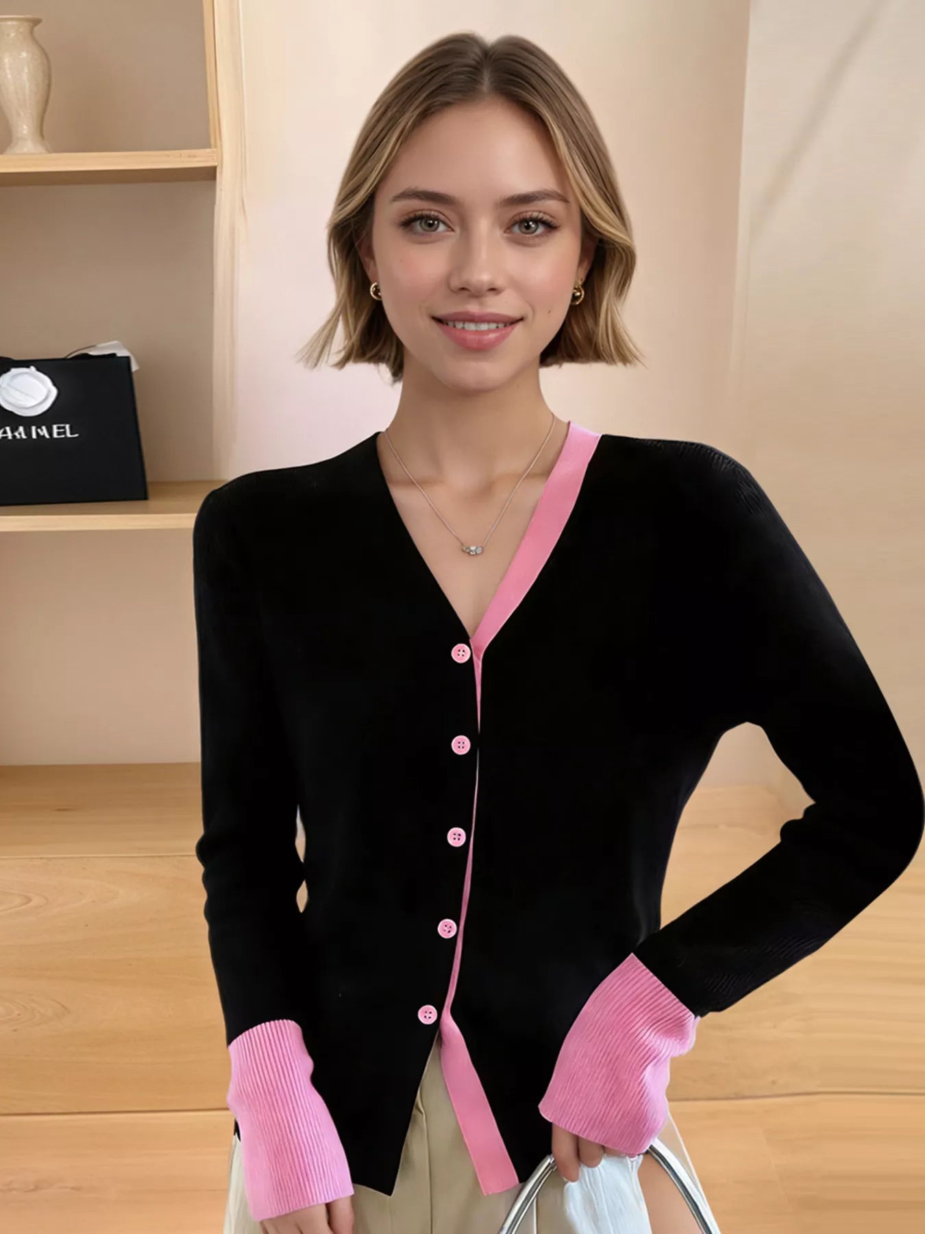 Sarah Express Women's Contrast Trim Ribbed Knit Cardigan