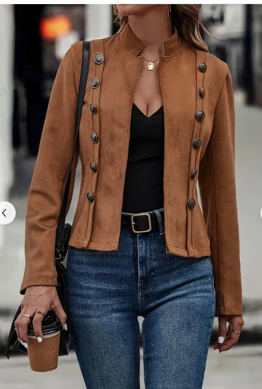 Sarah Express Women's Double-Breasted Suede Jacket Slim Fit Retro Long Sleeve Deerskin Velvet Fall Winter Outerwear