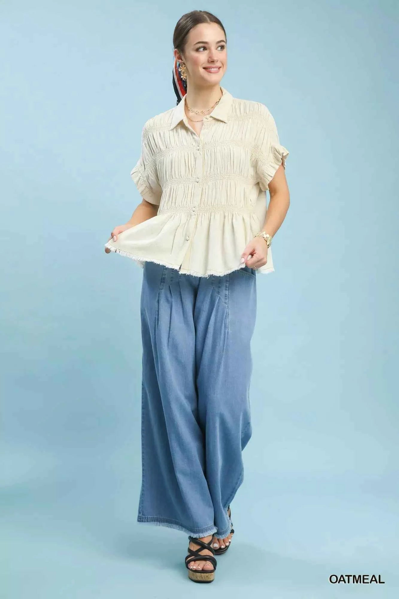 Sarah Express Women's Linen Blend Smocked Button Down Shirt - Short Ruffle Sleeve Summer Top