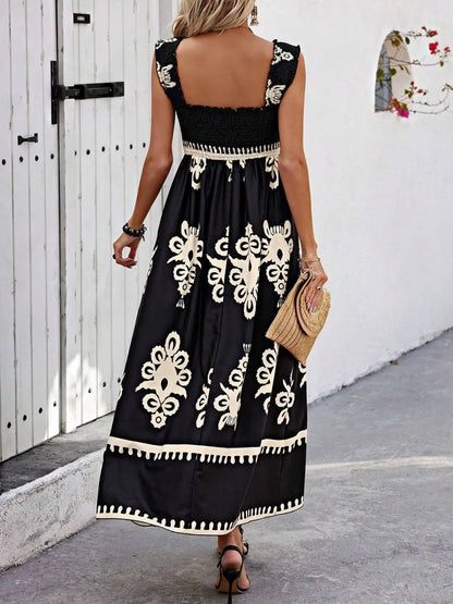 Sarah Express Women's Smocked Printed Wide Strap Maxi Dress