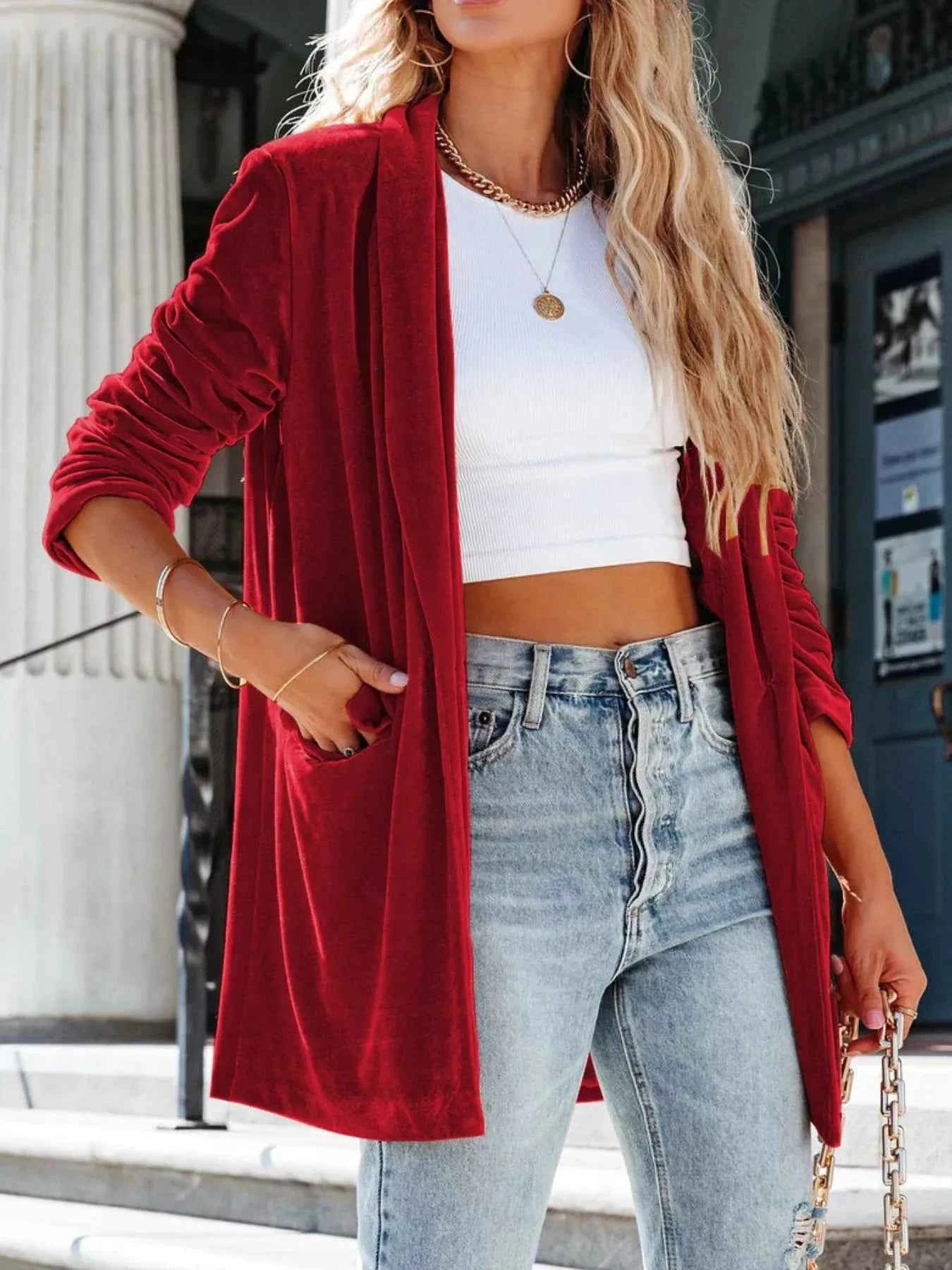 Sarah Express Women's Velvet One Button Blazer Jacket - Elegant Outerwear Burgundy