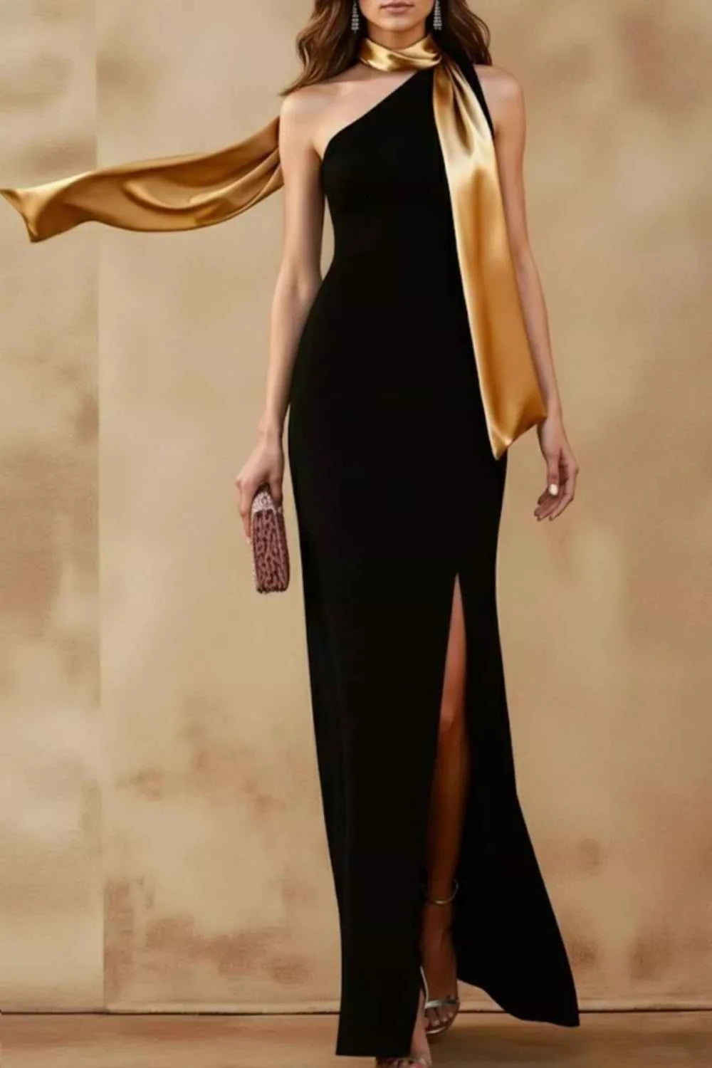 Sarah Express Women's One-Shoulder Slit Maxi Dress - Elegant Evening Gown Black