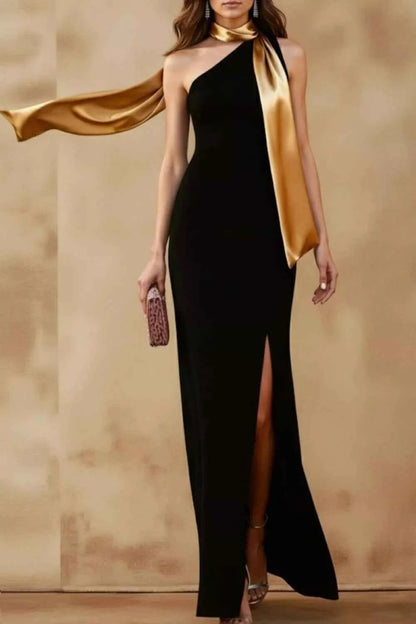 Sarah Express Women's One-Shoulder Slit Maxi Dress - Elegant Evening Gown Black