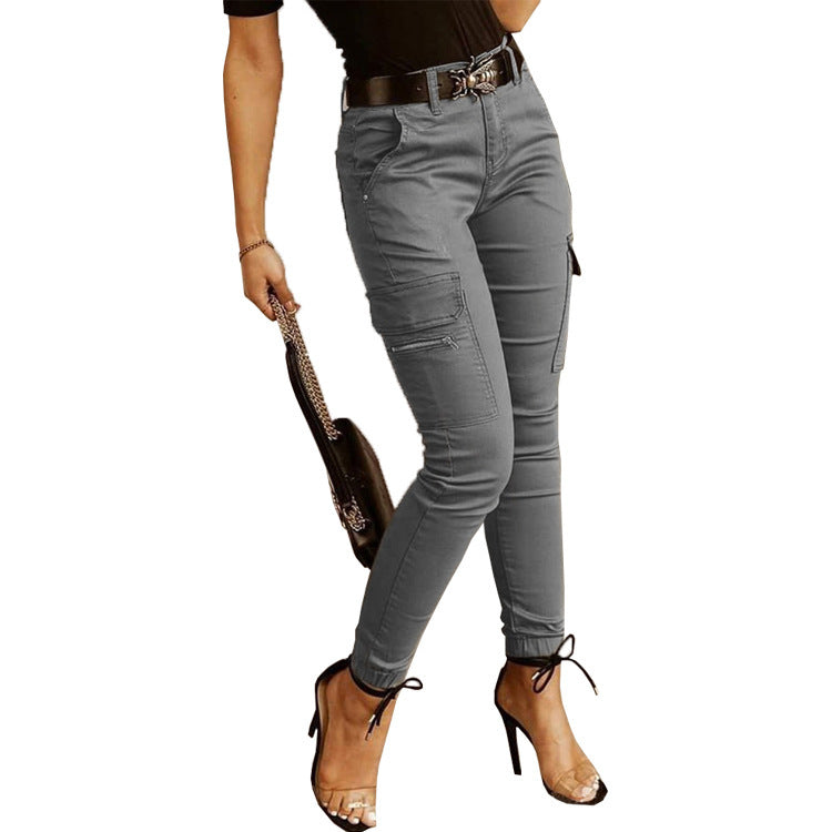 Sarah Express Women's Low Waist Cotton Blend Cargo Overalls Loose Fit Button Detail Trousers