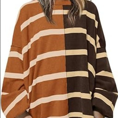 Sarah Express Women's Striped Knit Sweater Long Sleeve Pullover Loose Fit Acrylic
