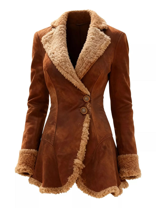 Sarah Express Women's Vintage Suede Sherpa Trimmed Winter Coat Dark Brown