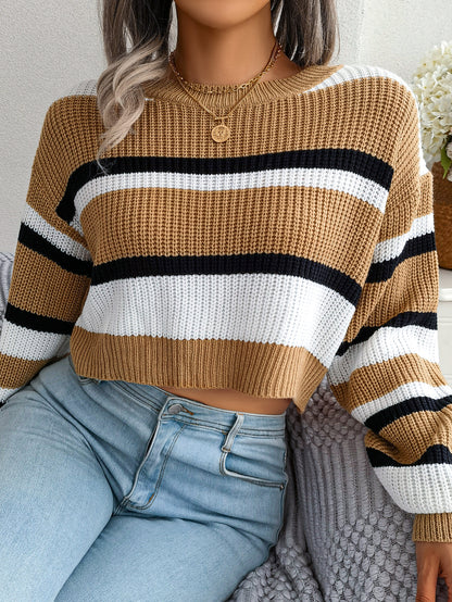 Sarah Express Women's Striped Long Sleeve Cropped Knit Sweater - Casual Pullover Top