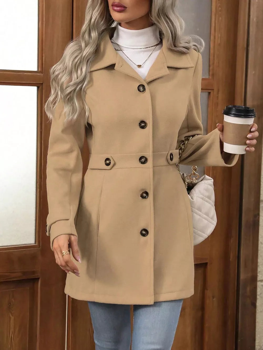 Sarah Express Women's Collared Neck Button Up Coat Tan