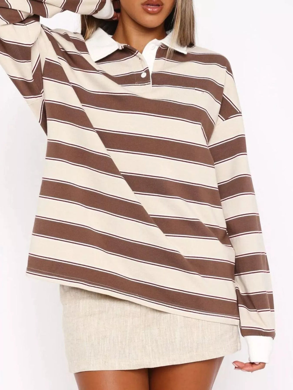 Sarah Express Women's Striped Button Detail Long Sleeve Polo Khaki