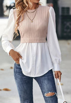 Sarah Express Wavy Stripe Blouse Long Sleeve Stitching Detail Pullover Top