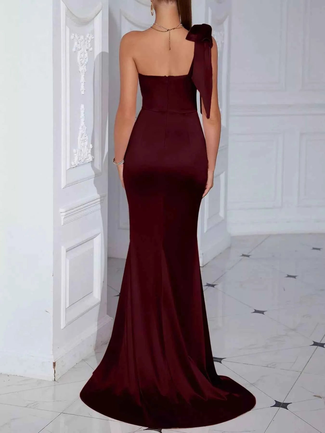 Sarah Express Women's One Shoulder Bow Maxi Dress with Slit - Elegant Evening Gown