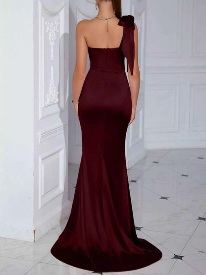 Sarah Express Women's One Shoulder Bow Maxi Dress with Slit - Elegant Evening Gown