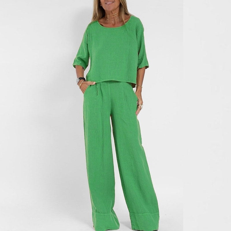 Sarah Express Cotton Linen Two-Piece Pants Suit Cropped Sleeve Wide Leg Casual Set