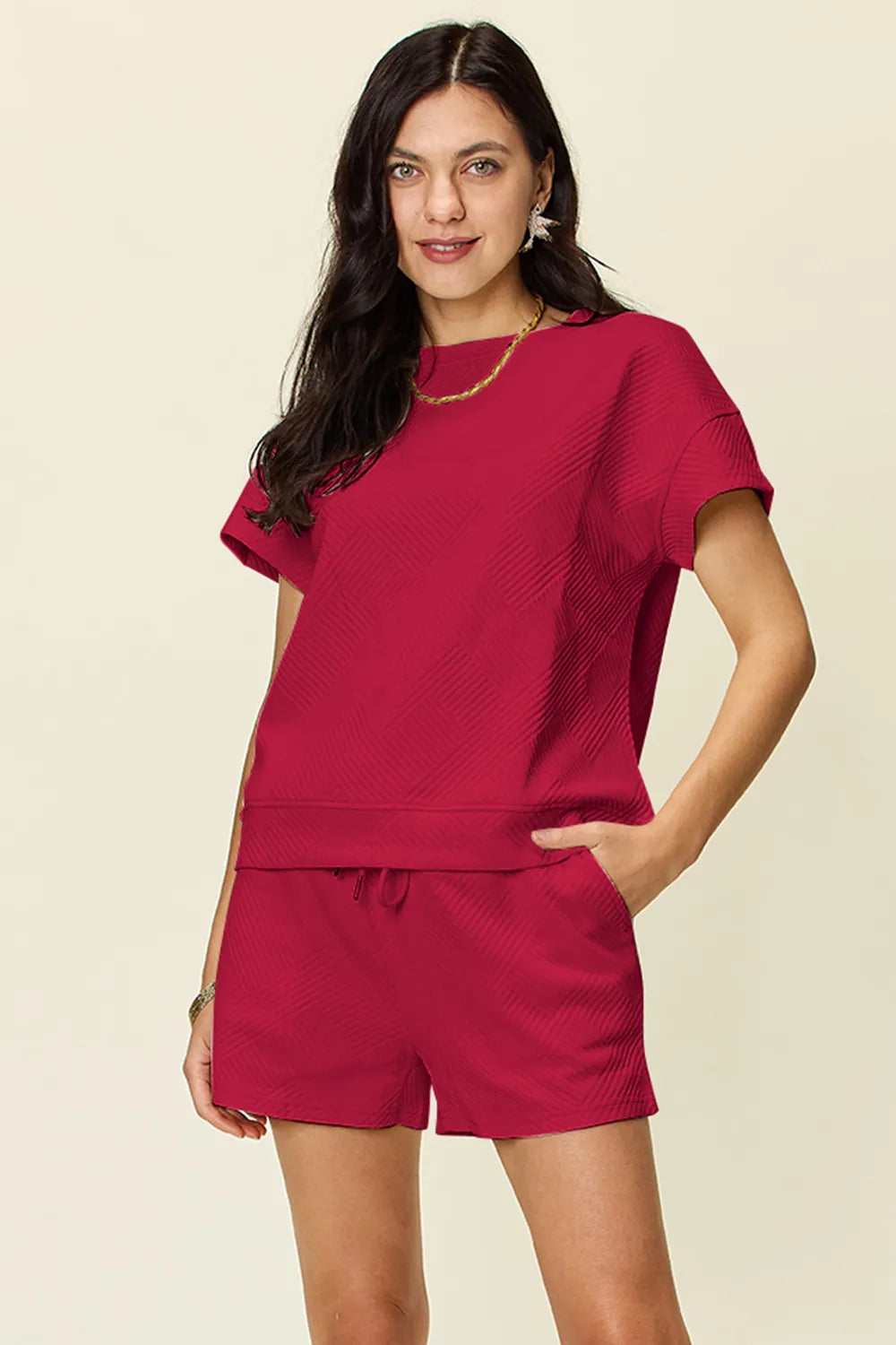 Sarah Express Women's Textured Short Sleeve T-Shirt and Drawstring Shorts Set Deep Red