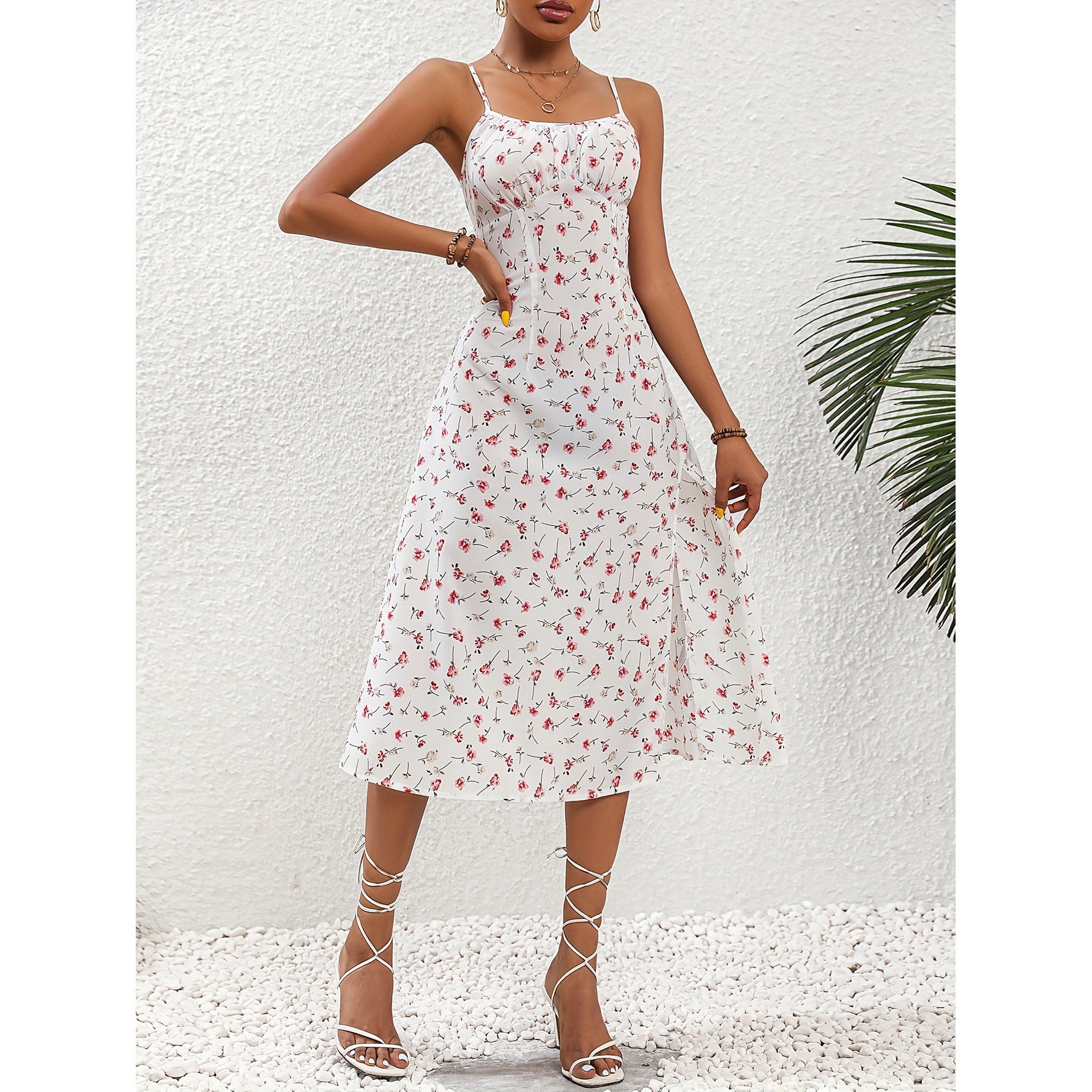 Polka Dot Print Suspender Dress Summer Split Long Dresses For Womens Clothing