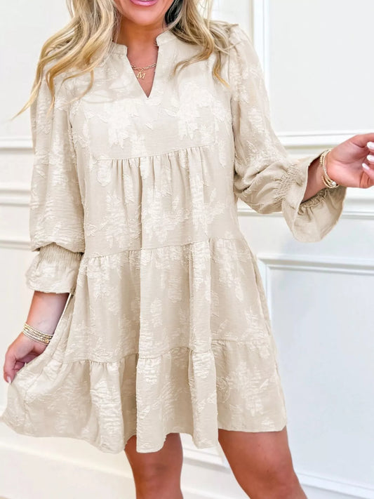 Sarah Express Notched Neck Tiered Mini Dress Beige