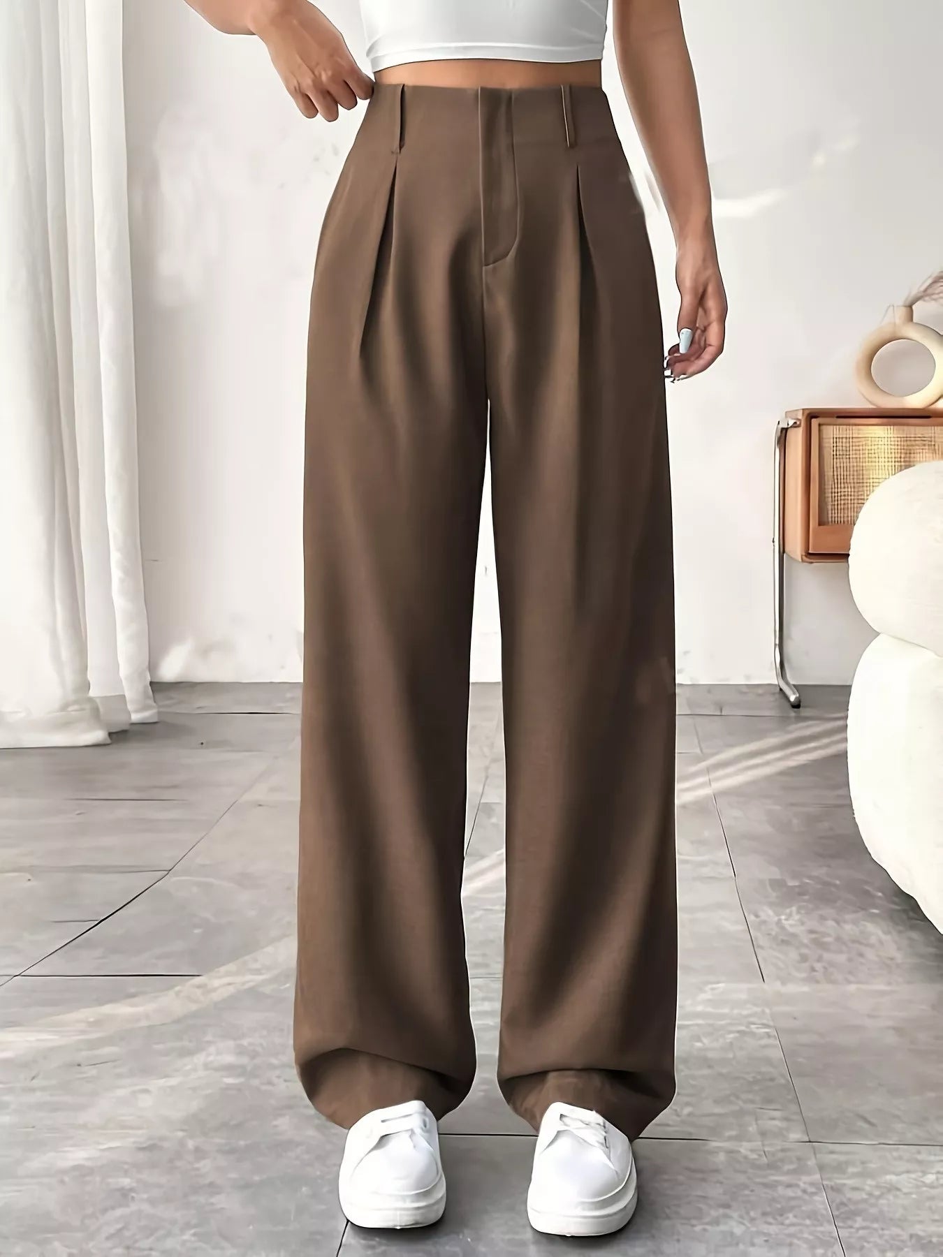 Sarah Express Women's Wide Leg Pleated Pants with Pockets Brown