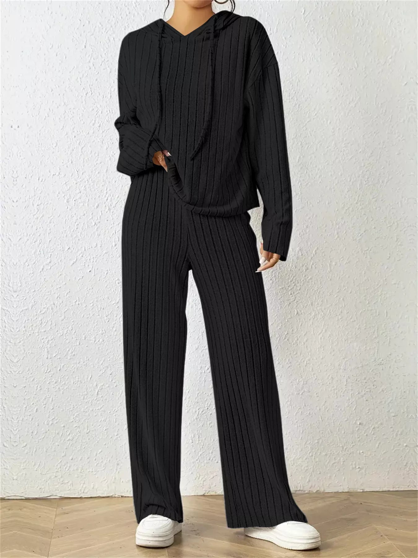 Trendsi Women's Ribbed Drawstring Hoodie and Pants Set