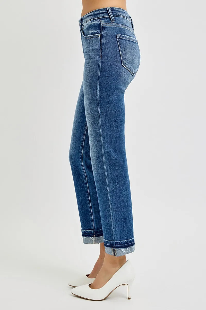Sarah Express Women’s Mid Rise Cuffed Ankle Straight Jeans
