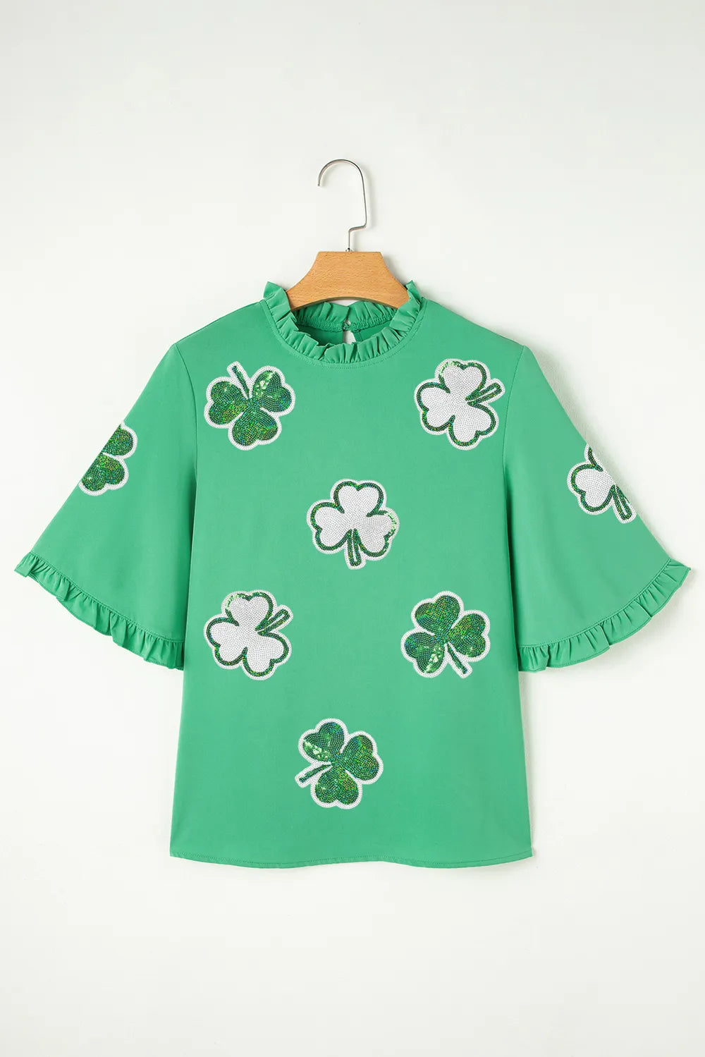 Sarah Express Women's Sequin Clover Graphic Bell Sleeve Blouse - St Patrick's Day Top