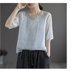 Sarah Express Women's Embroidered Cotton Linen V-Neck T-Shirt Ethnic Retro Style Short Sleeve