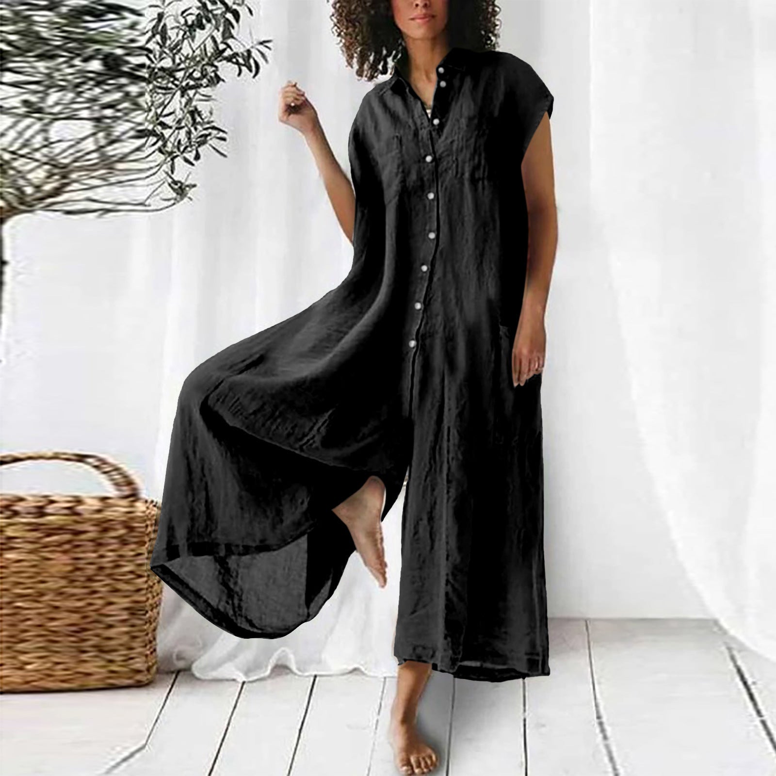 Sarah Express Short Sleeve Mid-Length Linen Jumpsuit Casual